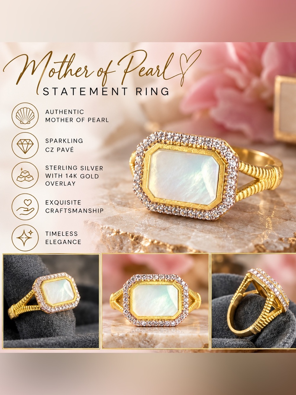 Mother of Pearl CZ Pavé 14K Gold Overlay Sterling Silver Ring